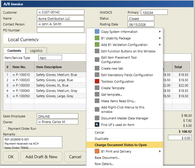 Reopen AR Invoice Step 1